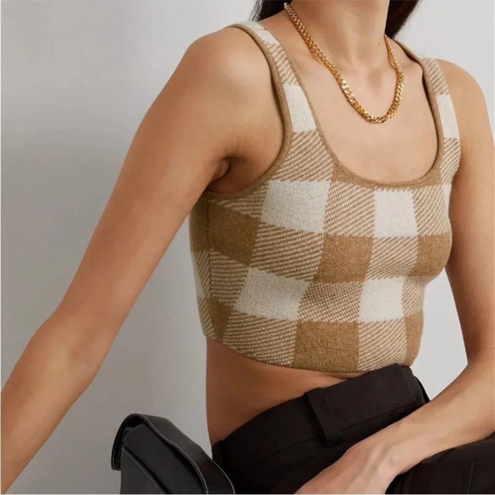 Reformation Fonte Beige Checked Cropped Cashmere Tank Top Size S - Picture 1 of 4